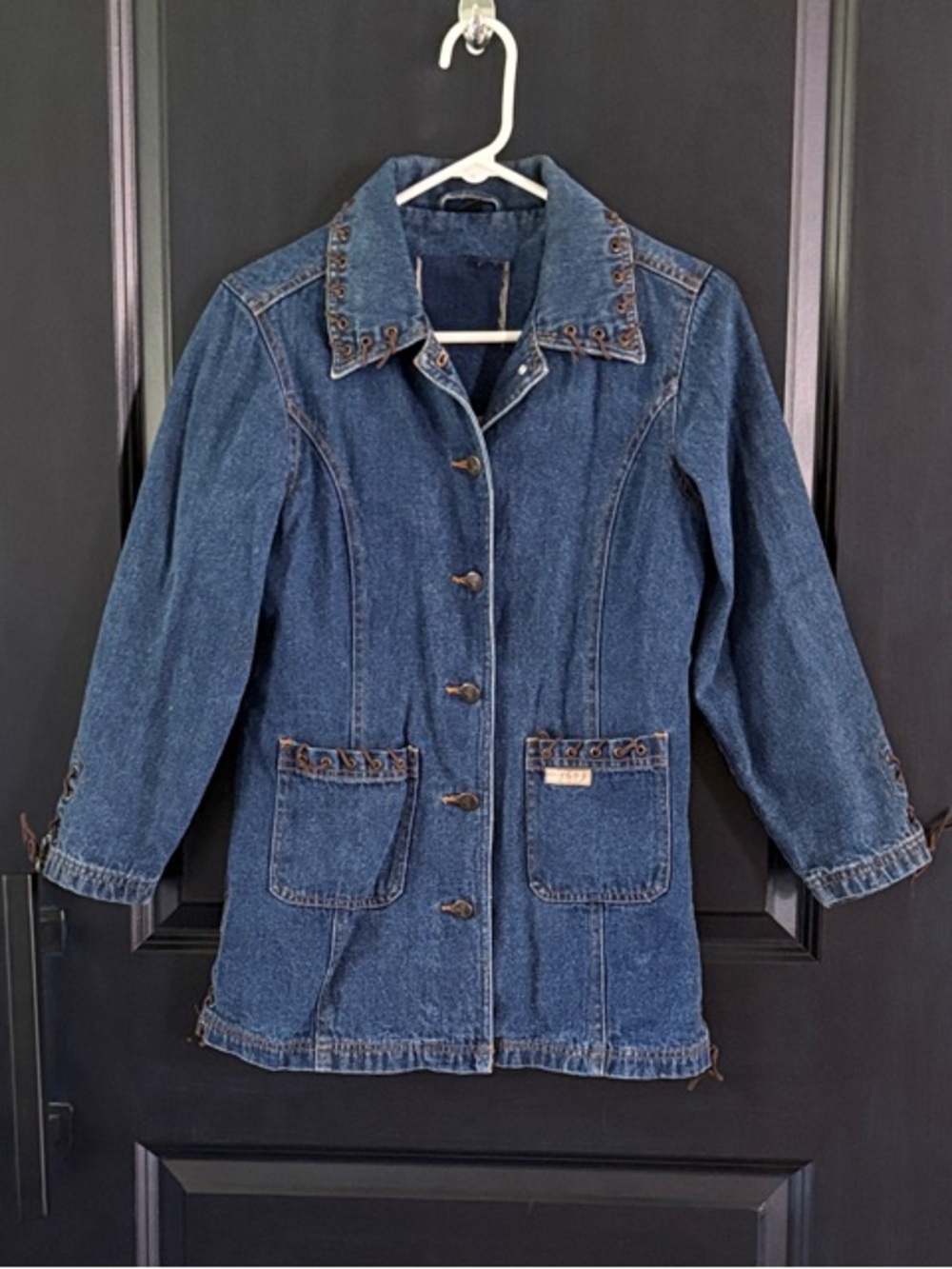 Vintage Lighthouse Denim Jacket Women M Lace Up Grommet Western Y2K Jean Coat